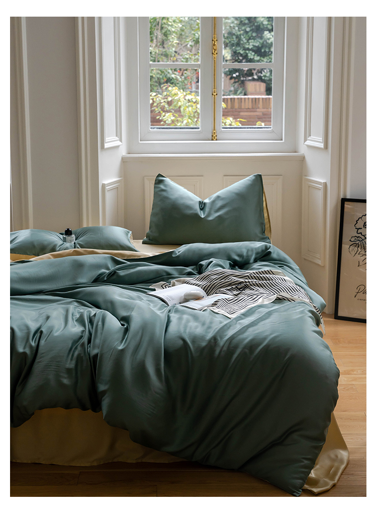 J6DA Light Luxury 60 Tencel Solid Color Bed Sheet Four-Piece Set Cold Wind Ice Silk Quilt Cover Summer Silky Quilt Single Bed