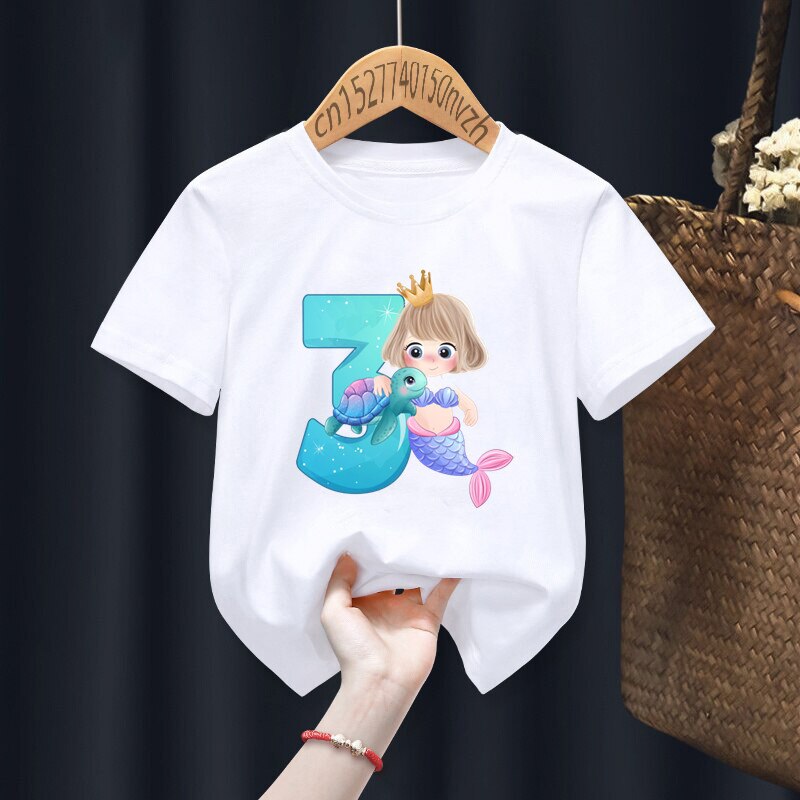 Mermaid Birthday Numbers Print Boy Girl White T-shirt Kid Summer Harajuku Kawaii Funny Clothes Little Baby Y2K Clothes,Drop Ship - 7