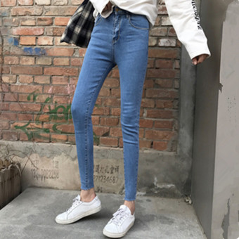 2017 Autumn New Slim Fit Slimming Effect Stretch Feet Korean-style High Waisted Pencil Pants Nine Points Jeans Pants Female Student (Black Gray) May 2018 - 2 2017 autumn new Slim fit Slimming effect stretch feet Korean-style high waisted pencil pants nine points jeans pants female student (Black gray) - 2