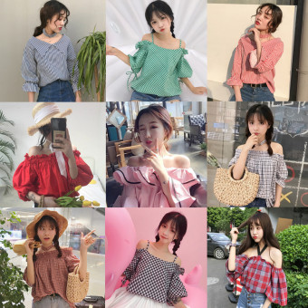 Summer Women's Fashion Korean-style Small Fresh Word Collar Horn Sleeve Shirt Off-the-shoulder Plaid Striped Shirt Top Tide (812 Red) June 2018 - 2 Summer women's fashion Korean-style small fresh word collar horn sleeve shirt off-the-shoulder plaid striped shirt Top tide (812 red) - 2