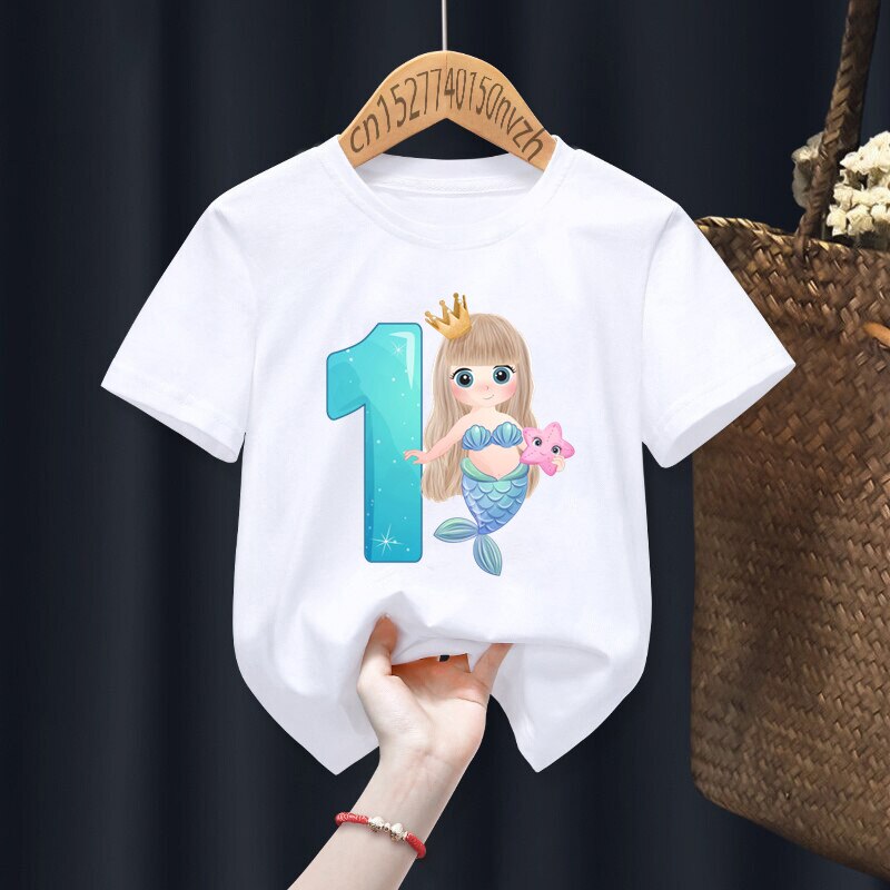 Mermaid Birthday Numbers Print Boy Girl White T-shirt Kid Summer Harajuku Kawaii Funny Clothes Little Baby Y2K Clothes,Drop Ship - 3