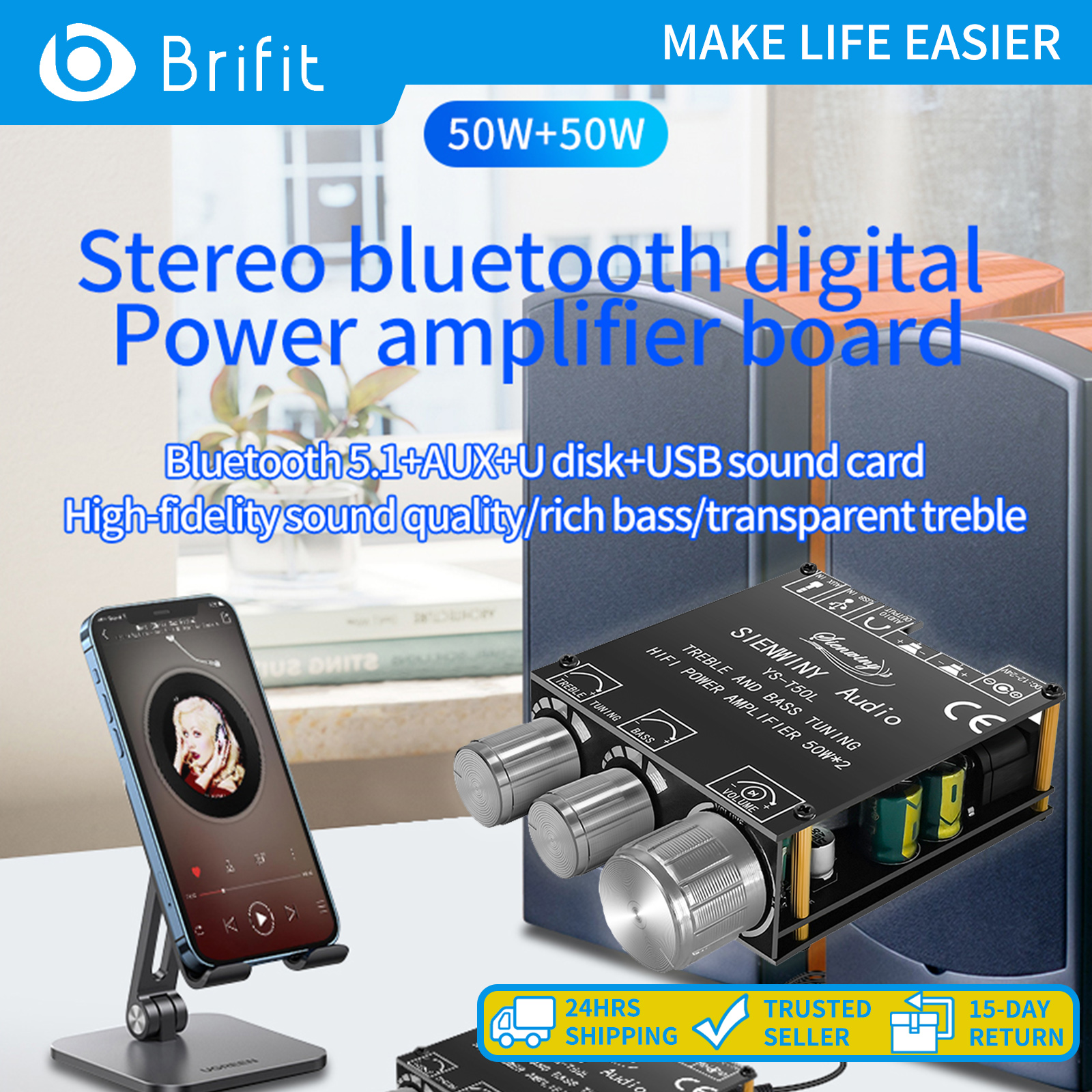 Brifit YS-T50L บอร์ดขยายเสียงบลูทูธสเตอริโอ 2.0, คุณภาพเสียงไฮไฟพร้อมการควบคุมแอพ, 50W * 2, บลูทูธ 5.1+AUX+U-Disk + การ์ดเสียง USB + ช่องต่อสัญญาณเสียงสเตอริโอ 3.5 มม. ราคา 340 บาท*ส่งฟรี