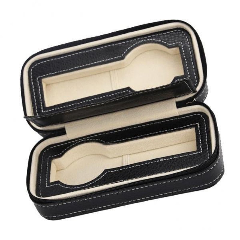 MagiDeal 2 Slots Genuine Leather Watch Travel Case Collector Storage Zipper Box Black - intl
