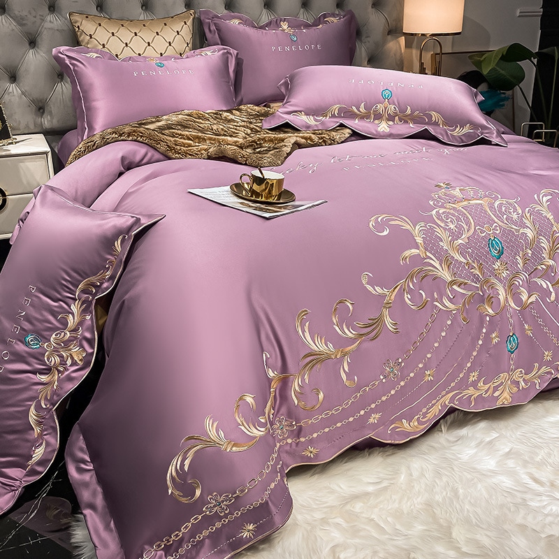 ◇ Liaozhe Set lenzuolo in cotone con ricamo di alta gamma in stile europeo e copripiumino montato in Tencel