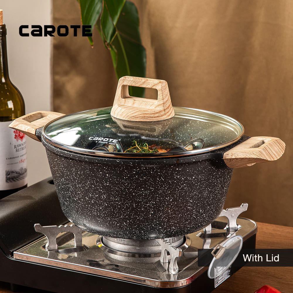 Carote Casserole Dish with Lid Induction Stock Pot 4L Non Stick Granite Coating Soup Pot 