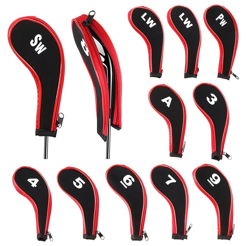 Number Print Golf Club Irons Covers Neoprene Zippered Driver Head Cover with Long Neck-Set of 12