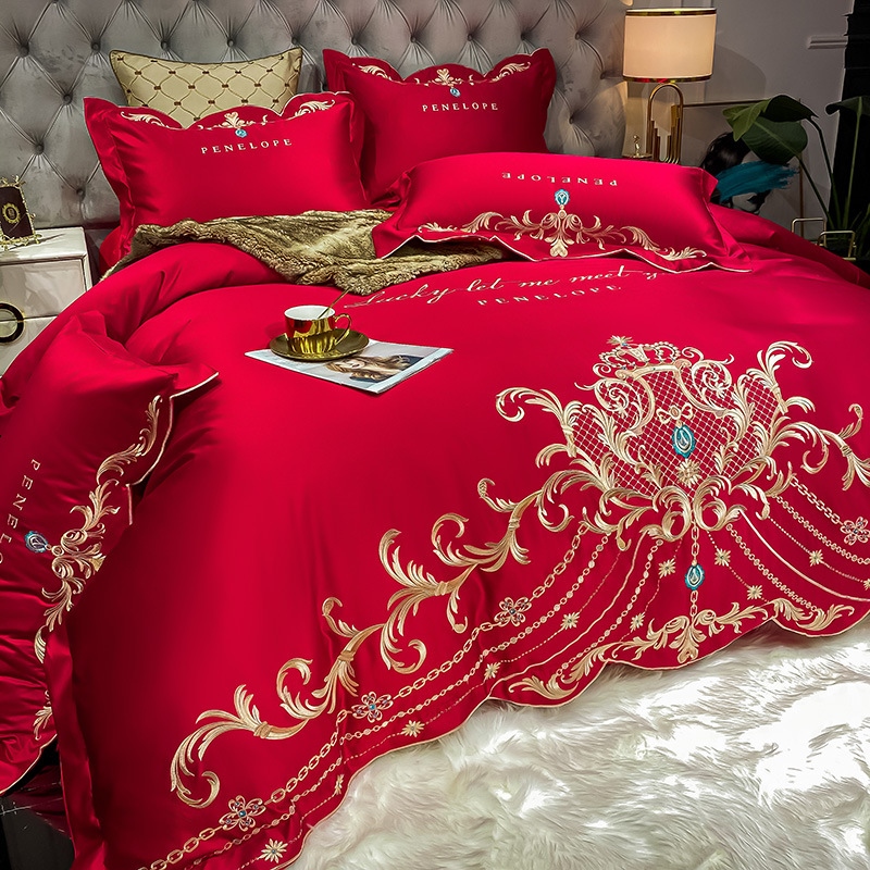 ◇ Liaozhe Set lenzuolo in cotone con ricamo di alta gamma in stile europeo e copripiumino montato in Tencel