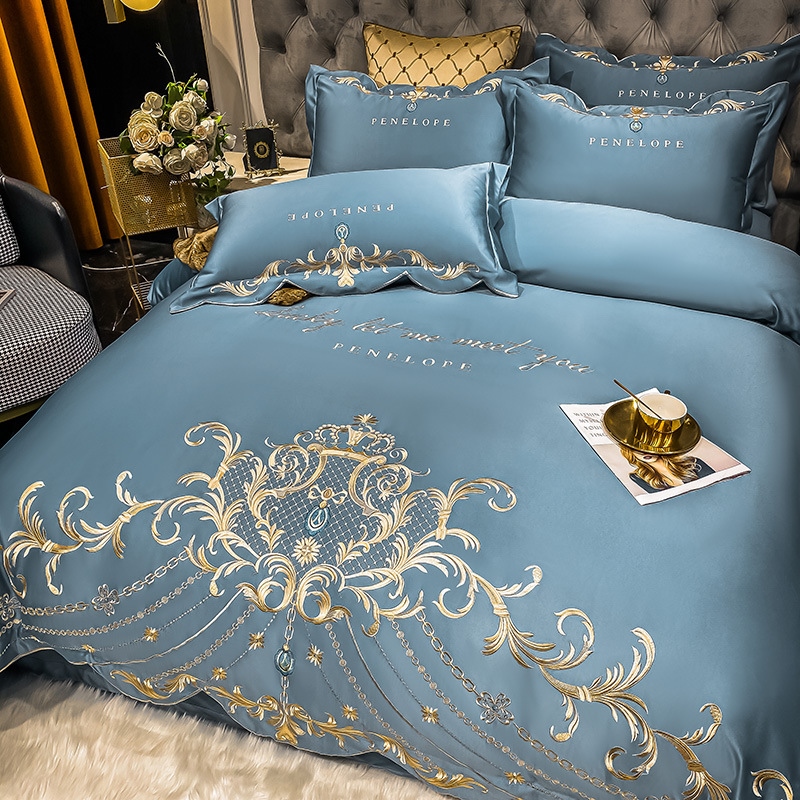 ◇ Liaozhe Set lenzuolo in cotone con ricamo di alta gamma in stile europeo e copripiumino montato in Tencel