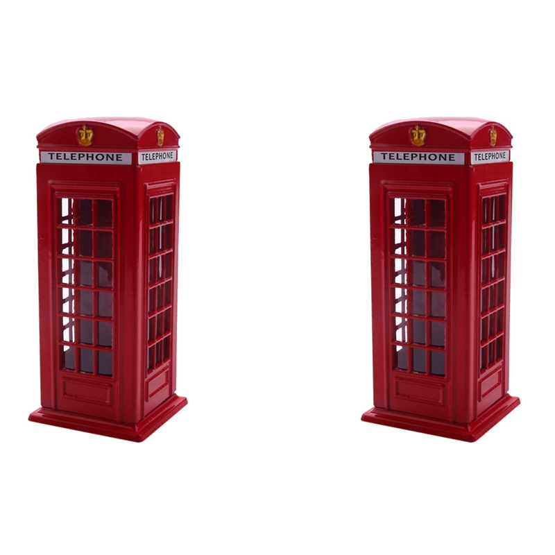 2X Metal Red British English London Telephone Booth Bank Coin Bank Saving