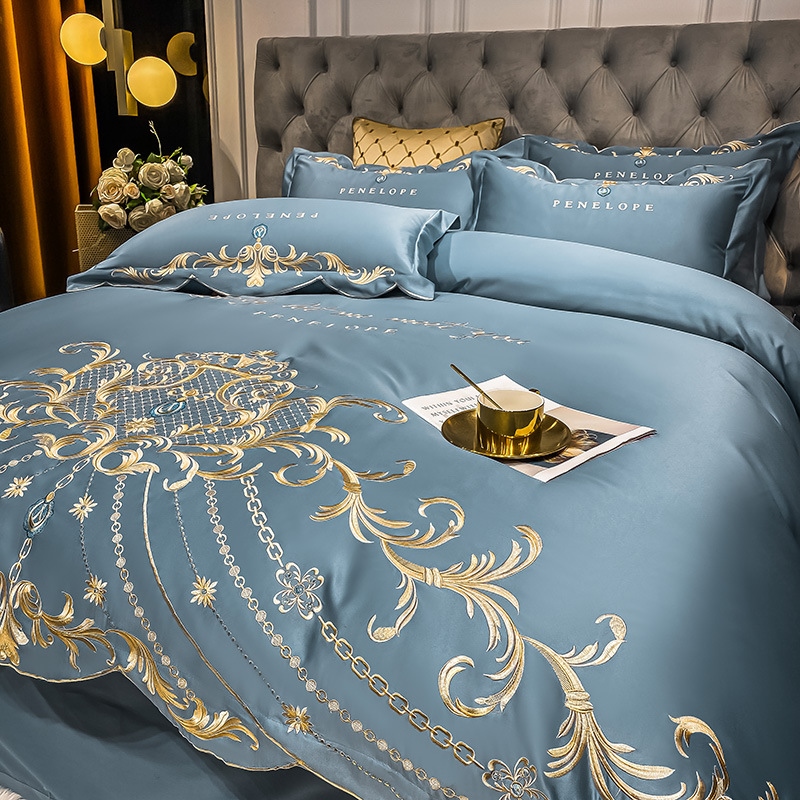◇ Liaozhe Set lenzuolo in cotone con ricamo di alta gamma in stile europeo e copripiumino montato in Tencel