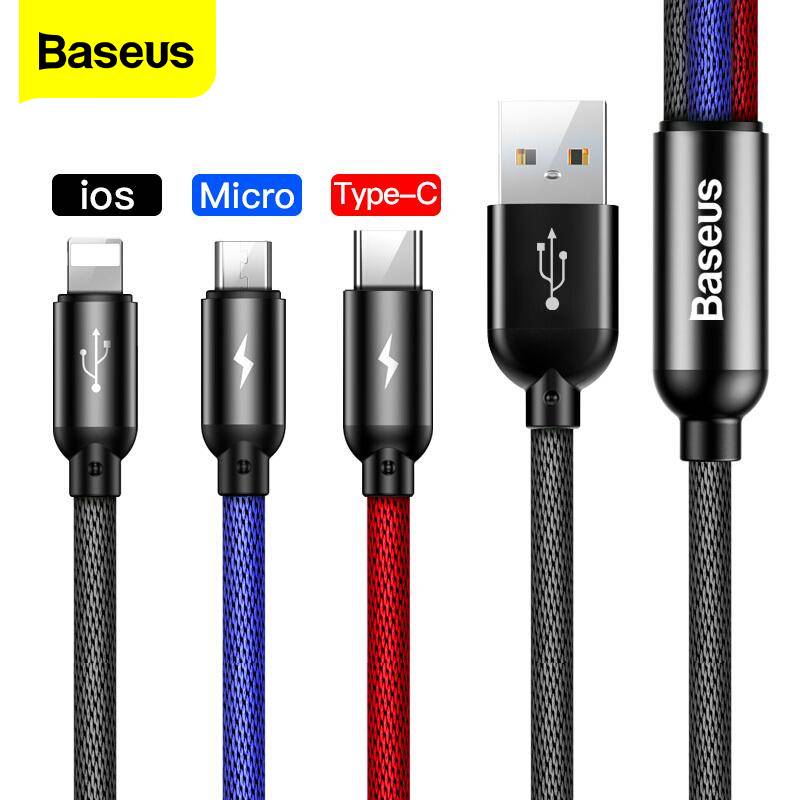 Baseus (03m / 1.2m) Cáp USB 3 trong 1 Micro USB Loại C cho iPhone 13 Pro Max Samsung Xiaomi Sạc nhan
