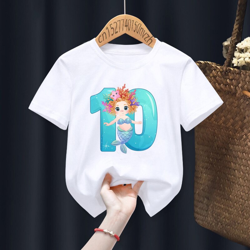 Mermaid Birthday Numbers Print Boy Girl White T-shirt Kid Summer Harajuku Kawaii Funny Clothes Little Baby Y2K Clothes,Drop Ship - 9