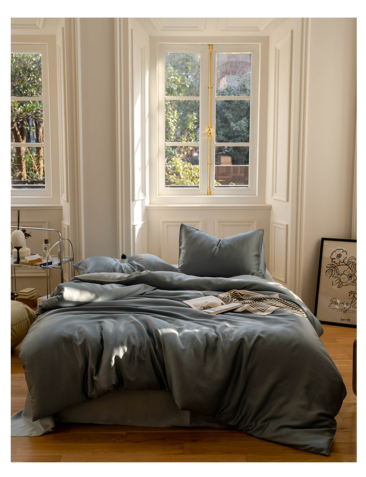 J6DA Light Luxury 60 Tencel Solid Color Bed Sheet Four-Piece Set Cold Wind Ice Silk Quilt Cover Summer Silky Quilt Single Bed