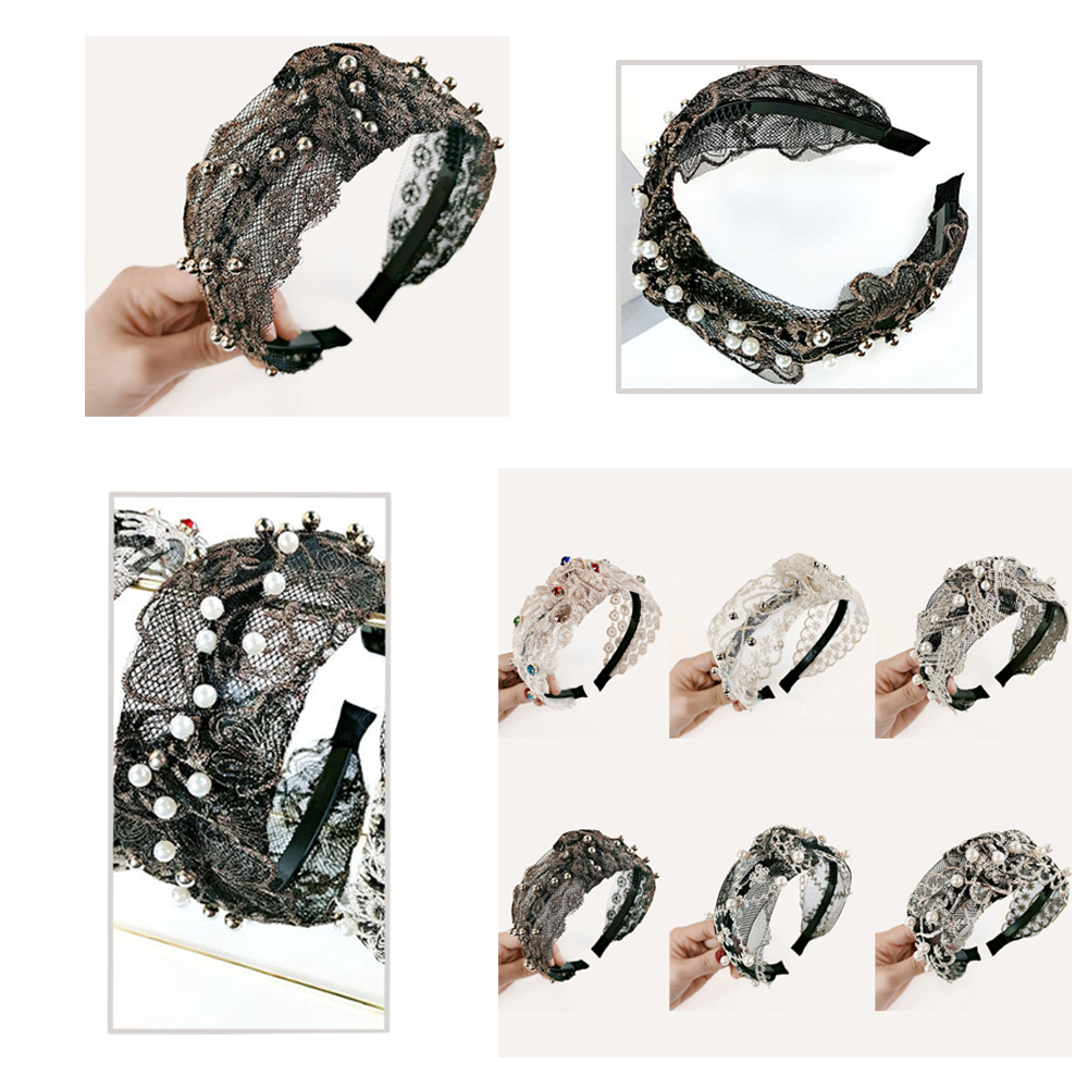 SIKONG Party Accessories Elegant Broad Sided Hairpin Center Knot Hair Hoop Women HairHoop Lace Headband Knotted Headdress Baroque Tiara Pearl Hairband