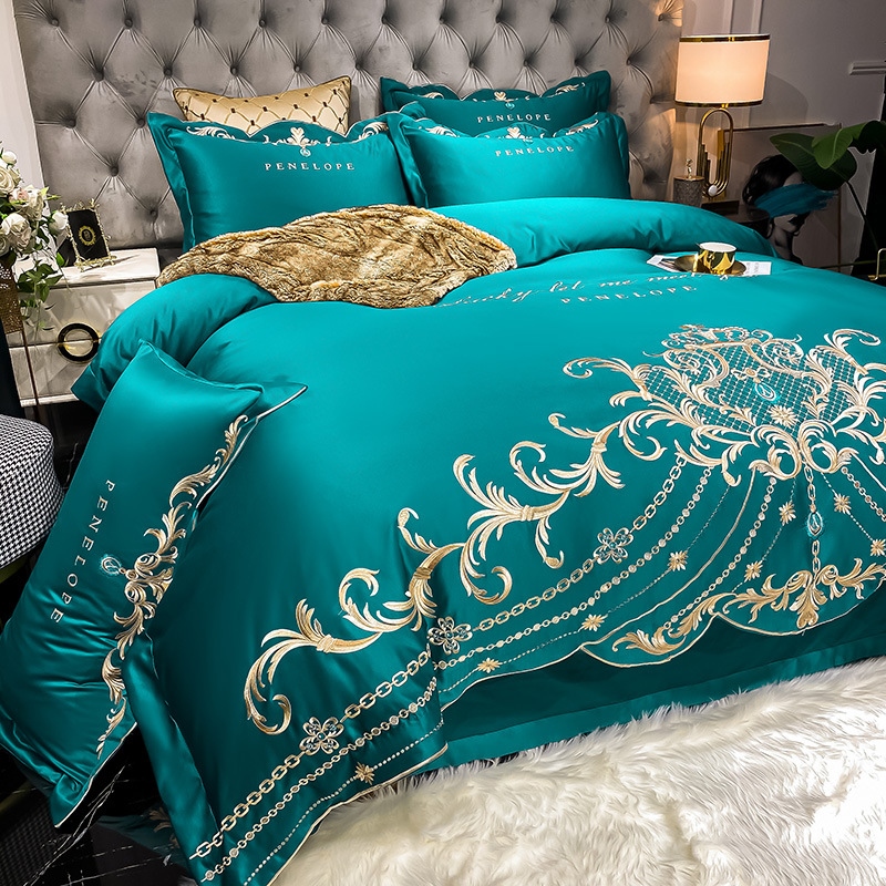◇ Liaozhe Set lenzuolo in cotone con ricamo di alta gamma in stile europeo e copripiumino montato in Tencel
