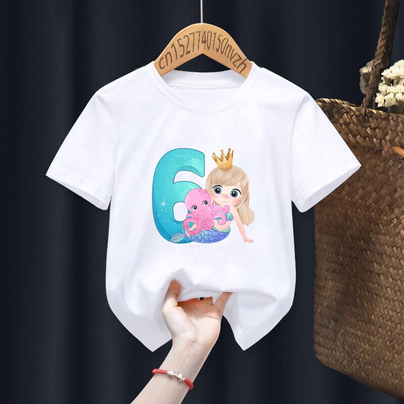 Mermaid Birthday Numbers Print Boy Girl White T-shirt Kid Summer Harajuku Kawaii Funny Clothes Little Baby Y2K Clothes,Drop Ship - 2