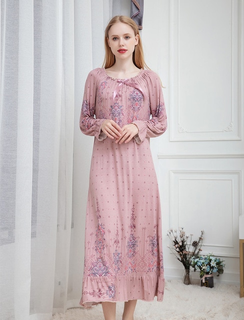 Modal Nightdress Nightwear ผู้หญิงแขนยาวผ้าฝ้ายพิมพ์หน้าแรกชุดชุดนอนชุดสำหรับนอนชุดนอนแบบหลวมขนาดพิเศษ