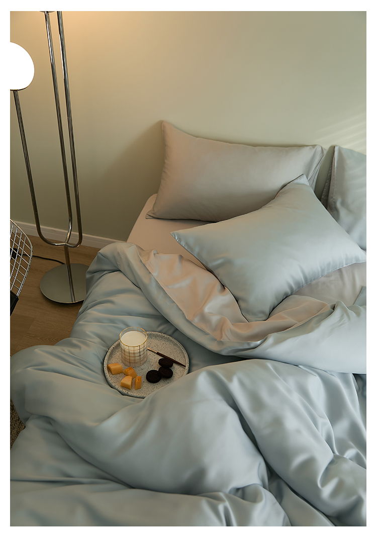 J6DA Light Luxury 60 Tencel Solid Color Bed Sheet Four-Piece Set Cold Wind Ice Silk Quilt Cover Summer Silky Quilt Single Bed