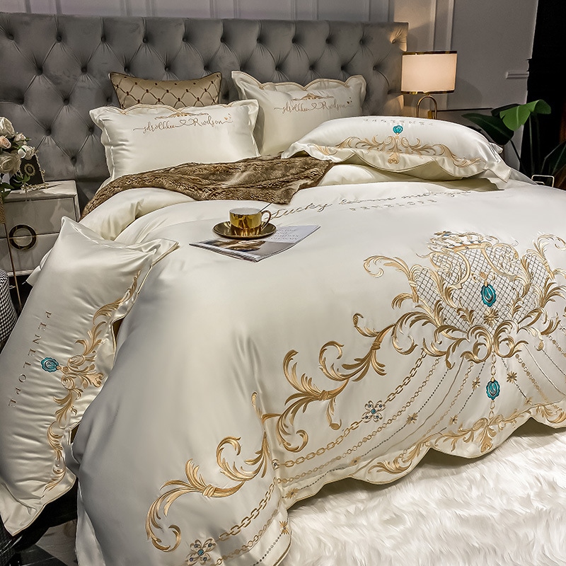 ◇ Liaozhe Set lenzuolo in cotone con ricamo di alta gamma in stile europeo e copripiumino montato in Tencel