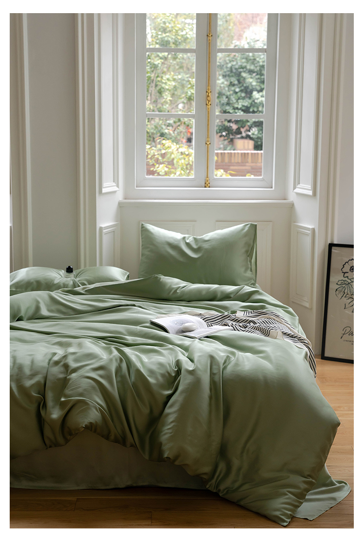 J6DA Light Luxury 60 Tencel Solid Color Bed Sheet Four-Piece Set Cold Wind Ice Silk Quilt Cover Summer Silky Quilt Single Bed