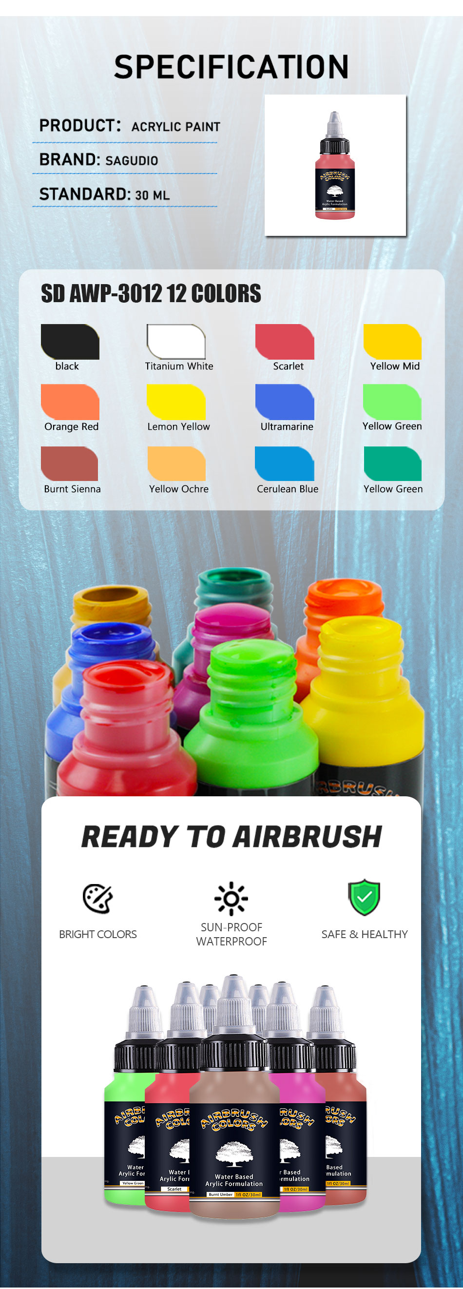SAGUDIO Airbrush Paint 12 Colors 30 ml/1 oz Basic Colors Ready to Spray, Acrylic