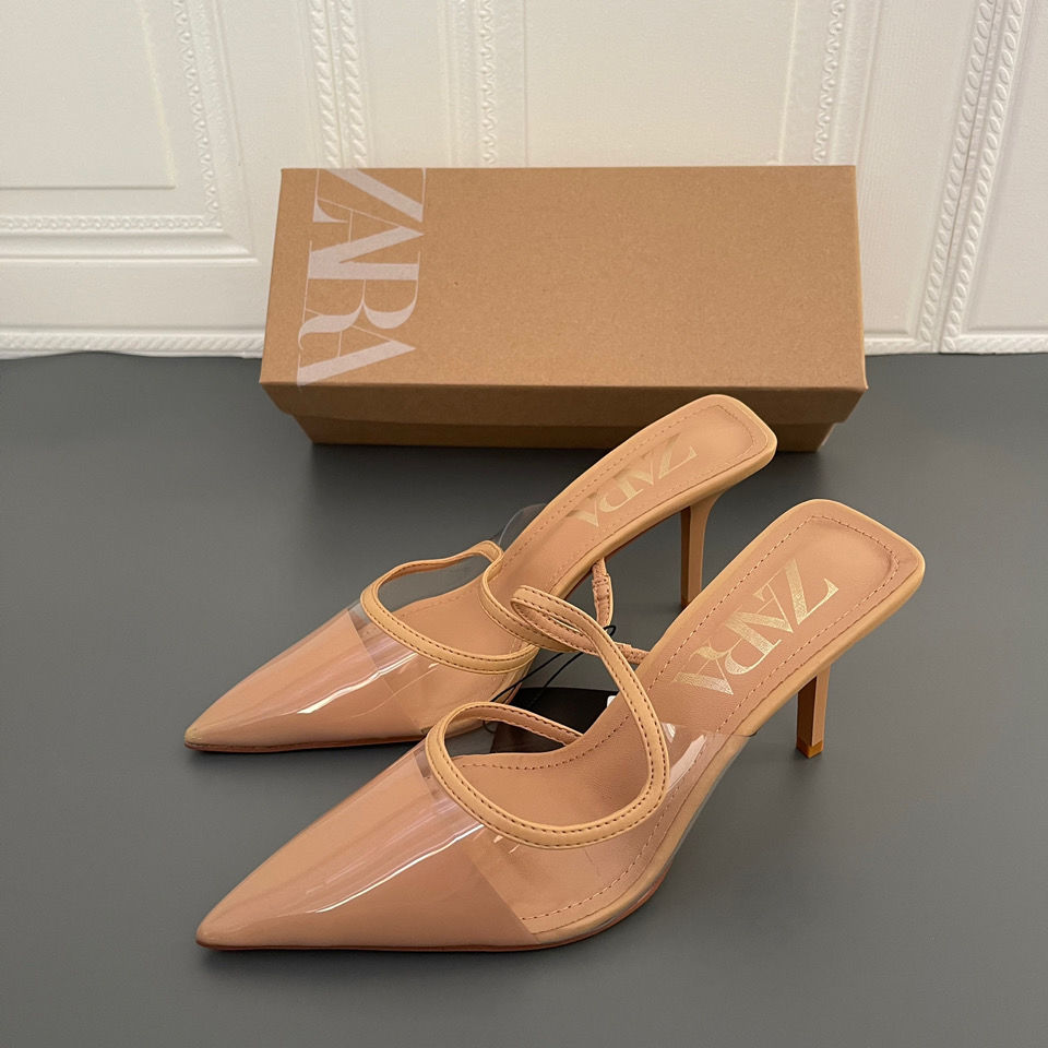 ZARAˉhigh women's shoes nude color pvc transparent pointed toe temperament sandals stiletto sandals women