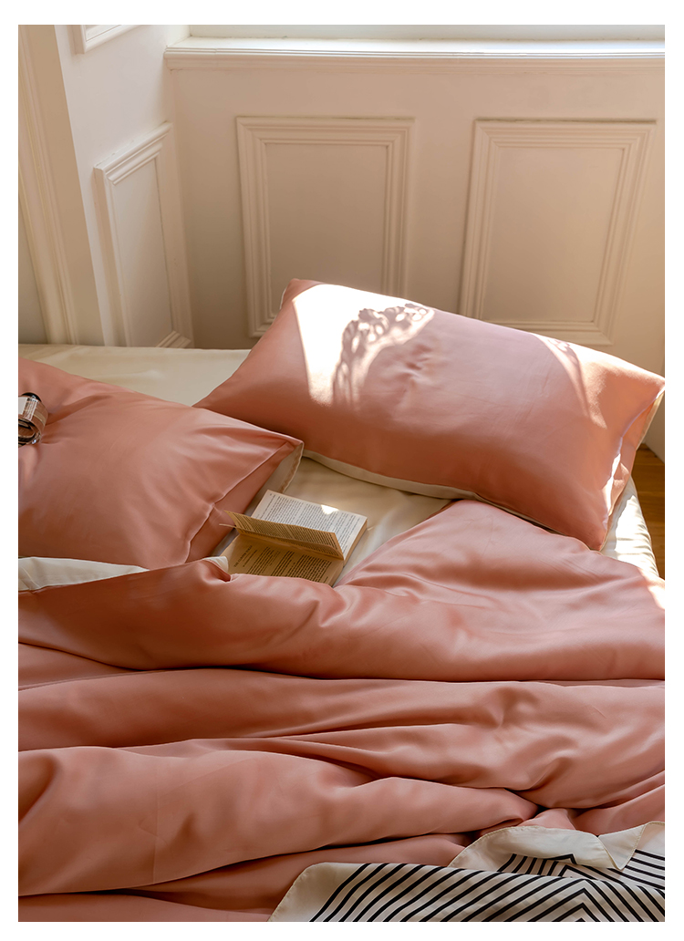 J6DA Light Luxury 60 Tencel Solid Color Bed Sheet Four-Piece Set Cold Wind Ice Silk Quilt Cover Summer Silky Quilt Single Bed