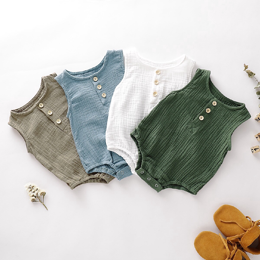 Áo liền quần trẻ em áo liền quần ôm màu trơn Linen Jumpsuit quần yếm