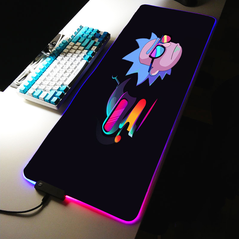 RickandMorty RGB แผ่นรองเมาส์สีดำอุปกรณ์เสริมสำหรับเล่นเกม LED ขนาดใหญ่ MousePad แผ่นรองโต๊ะ PC โต๊ะเสื่อสำหรับเล่นพร้อม Backlit สำหรับหมี Pc XXL