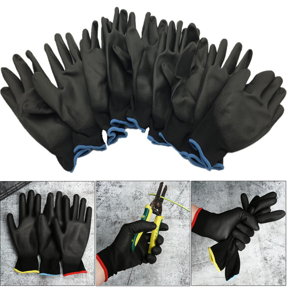 QIZI9595 1/6คู่ Anti-Static Black PU ป้องกันยูรีเทนถุงมือทำงานเคลือบผิว