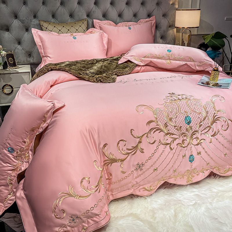 ◇ Liaozhe Set lenzuolo in cotone con ricamo di alta gamma in stile europeo e copripiumino montato in Tencel