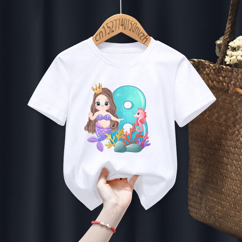 Mermaid Birthday Numbers Print Boy Girl White T-shirt Kid Summer Harajuku Kawaii Funny Clothes Little Baby Y2K Clothes,Drop Ship - 5