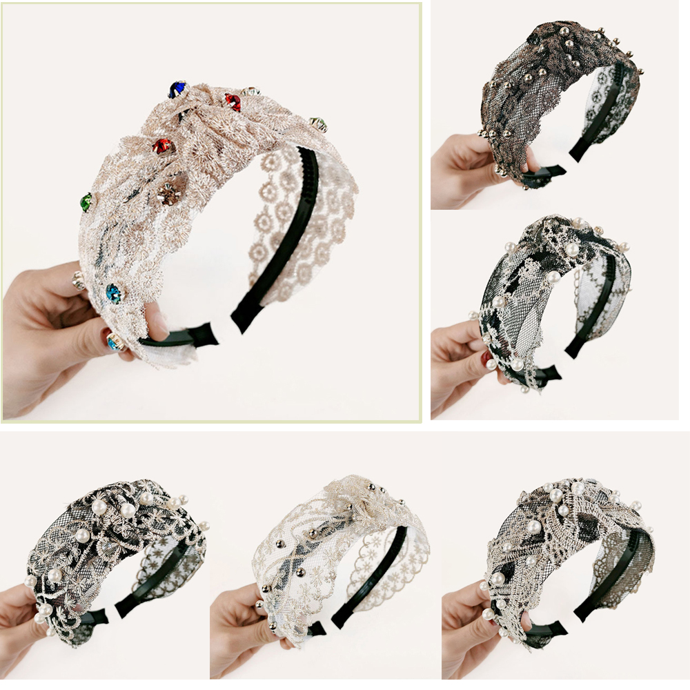 SIKONG Party Accessories Elegant Broad Sided Hairpin Center Knot Hair Hoop Women HairHoop Lace Headband Knotted Headdress Baroque Tiara Pearl Hairband