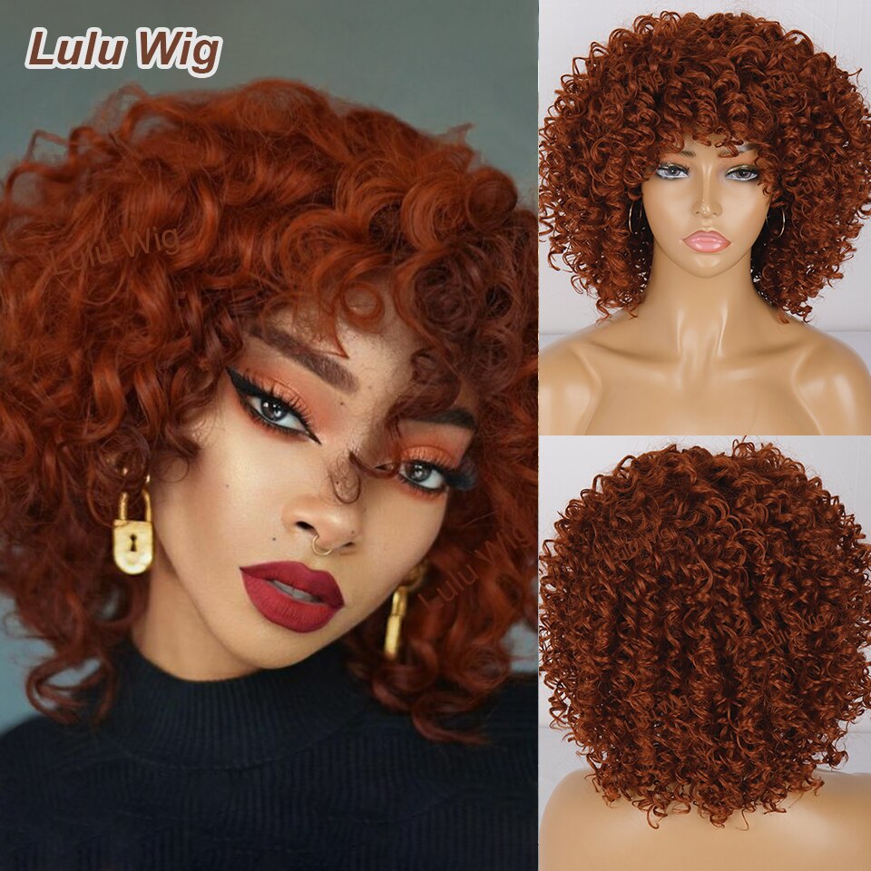 Afro Kinky Curly Wig With Bangs Short Synthetic Wigs For Black Women Ginger Wig Glueless Cosplay Hair High Temperature