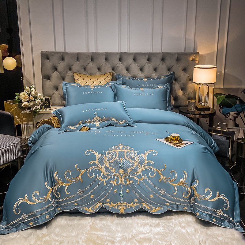 ◇ Liaozhe Set lenzuolo in cotone con ricamo di alta gamma in stile europeo e copripiumino montato in Tencel