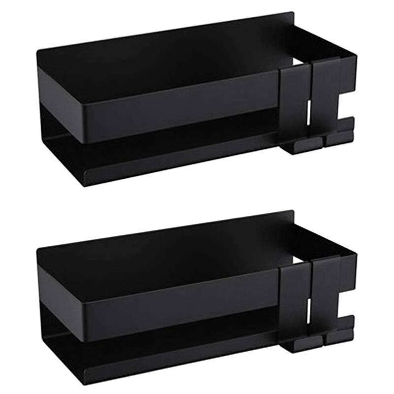 2X Bathroom Shower Shelf Self Adhesive Shower Shelf Without Drilling Shower Basket with Hooks Black 22CM