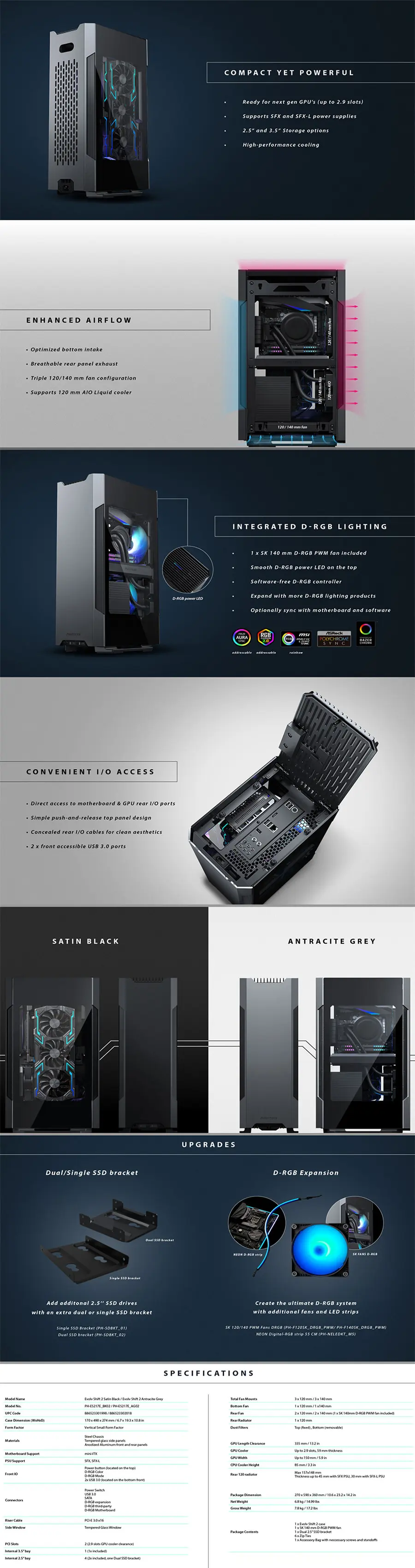 Phanteks Evolv Shift 2 Mini-ITX case, Tempered Glass Side Panels, Aluminum  Panels, D-RGB, Black 