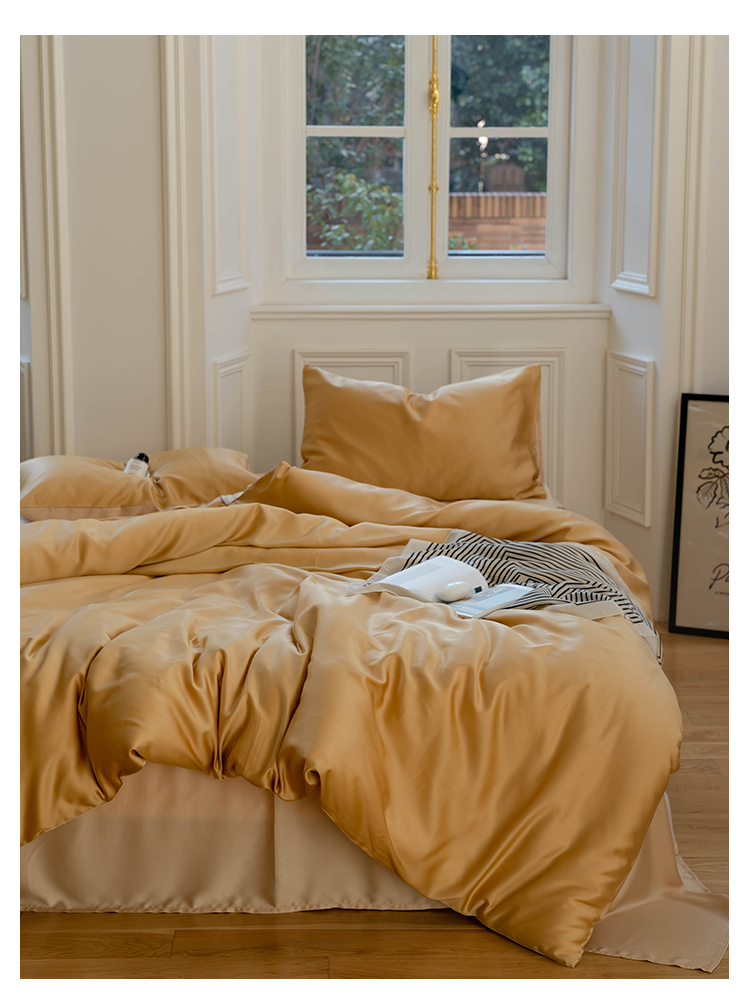 J6DA Light Luxury 60 Tencel Solid Color Bed Sheet Four-Piece Set Cold Wind Ice Silk Quilt Cover Summer Silky Quilt Single Bed