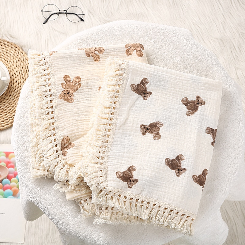Cute Bear Muslin Squares Cotton Baby Blanket For Newborn Plaid Infant