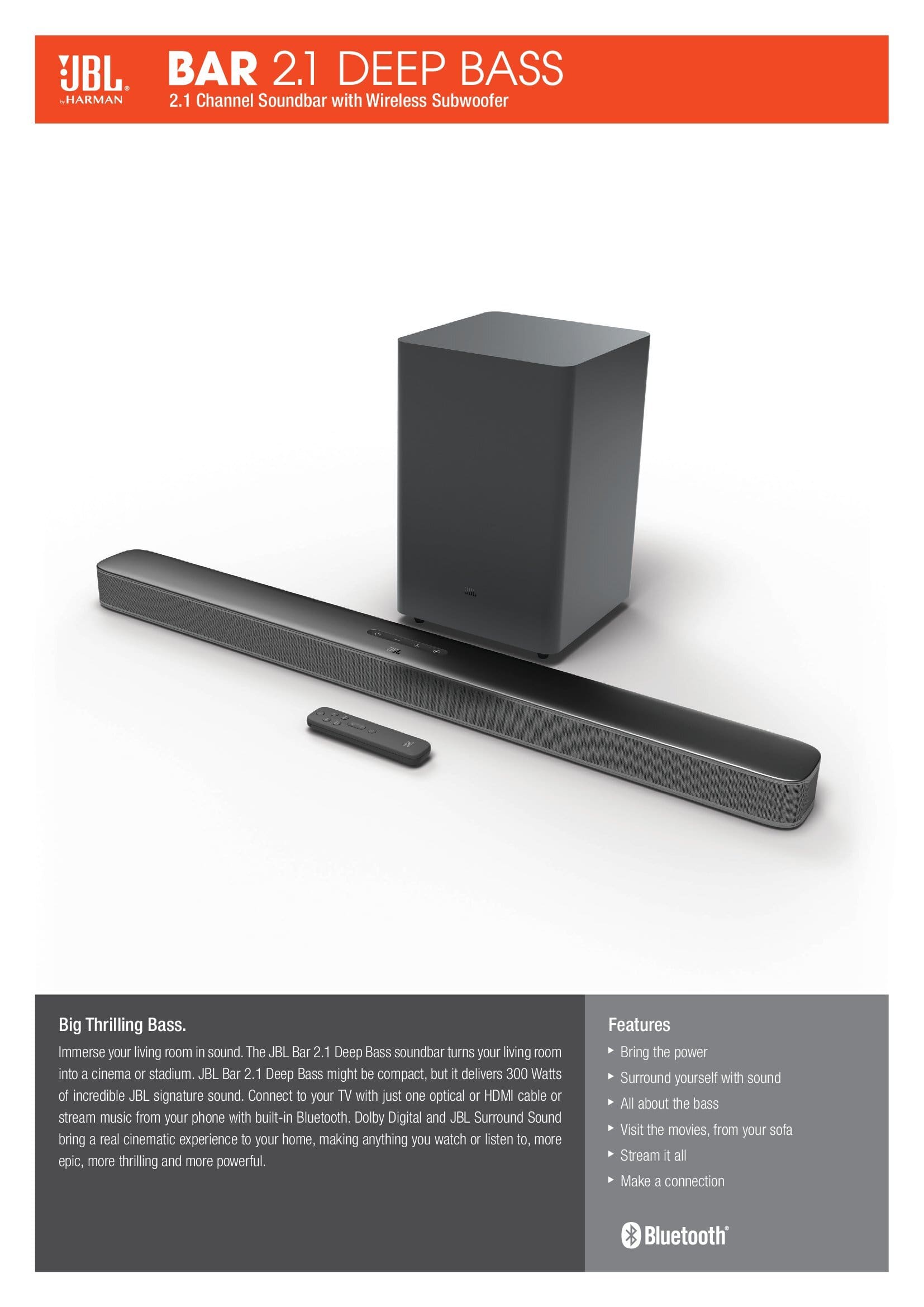 Jbl bar 2.1 channel best sale 300w soundbar with wireless subwoofer