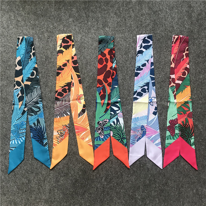 100*5cm Leopard Butterfly Printed Silk Scarf Small Handle Bag Ribbon Women Bufanda Headwear Long Skinny Foulard Femme Scarves