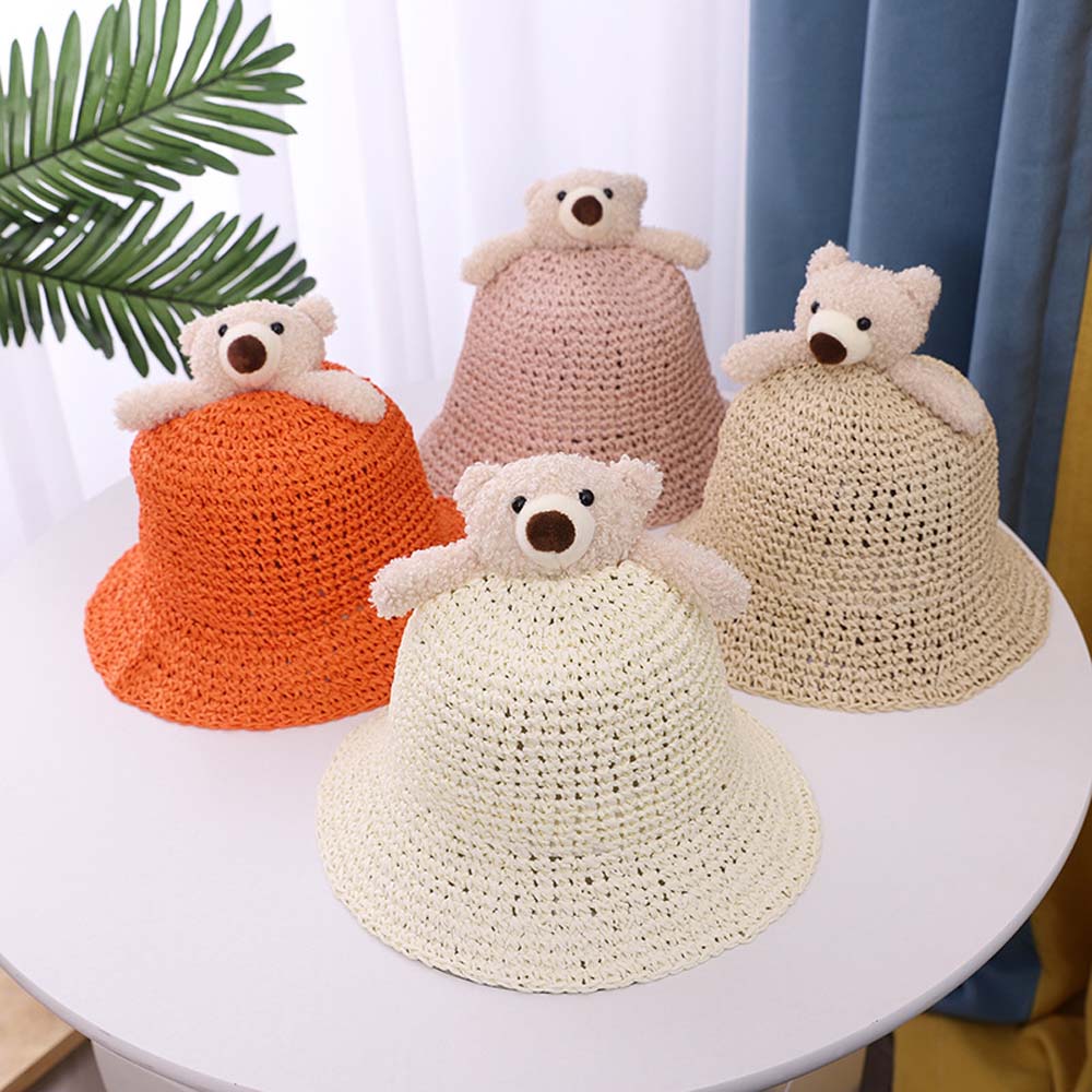CGGUE น่ารักเด็กอินเทรนด์ฤดูร้อนเกาหลี Ultraviolet-Proof ฟางหมวกบังแดดหมวกทรงบักเก็ตหมวกหมี